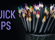 Colorful pencils in a black holder with "Quick Tips" text on a dark background, emphasizing creative ideas and advice for small businesses and digital solutions from Brandesigns Web Solutions.