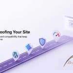 Illustration of a digital road with icons representing security, WordPress, and protection, emphasizing website resilience and updates.