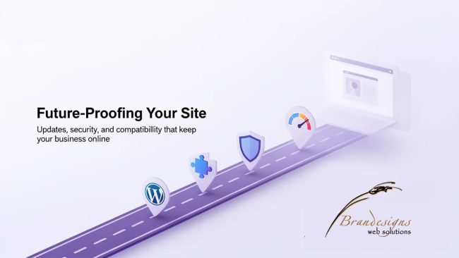 Illustration of a digital road with icons representing security, WordPress, and protection, emphasizing website resilience and updates.